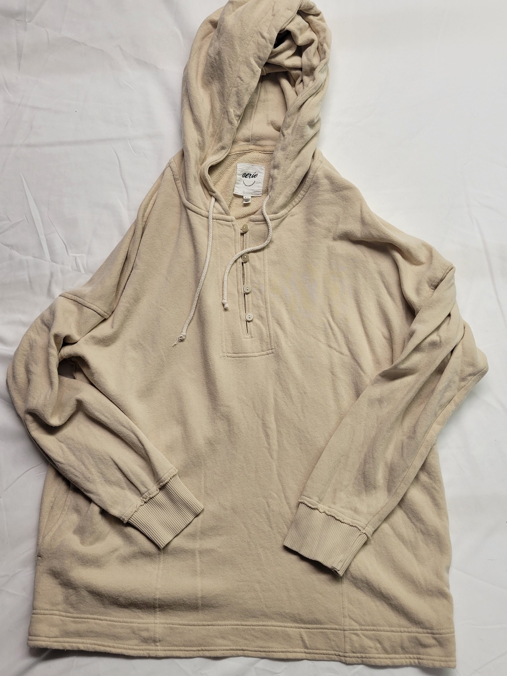 Aerie Oversized Hooded Henley Sweatshirt Cream Beige Pullover Size M